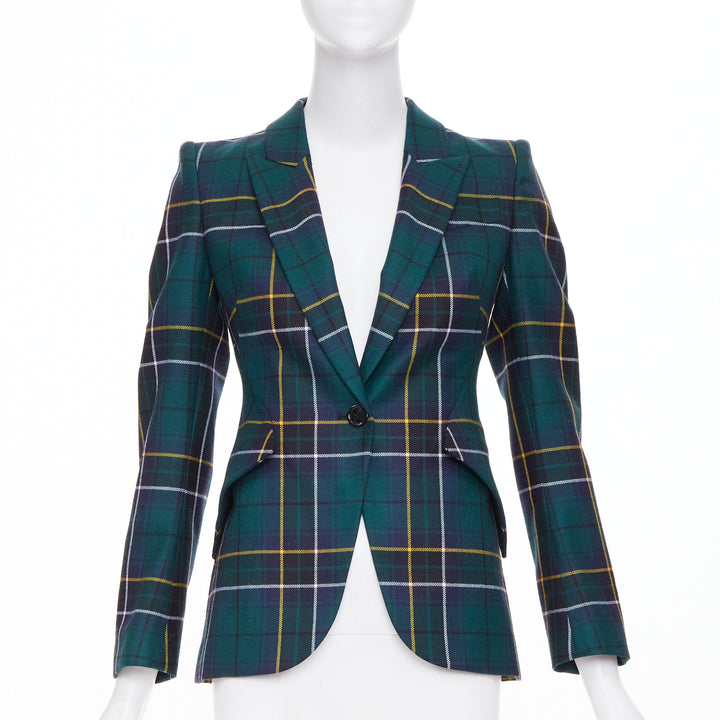 ALEXANDER MCQUEEN 2025 green wool tartan pointed shoulder blazer jacket IT36 XXS