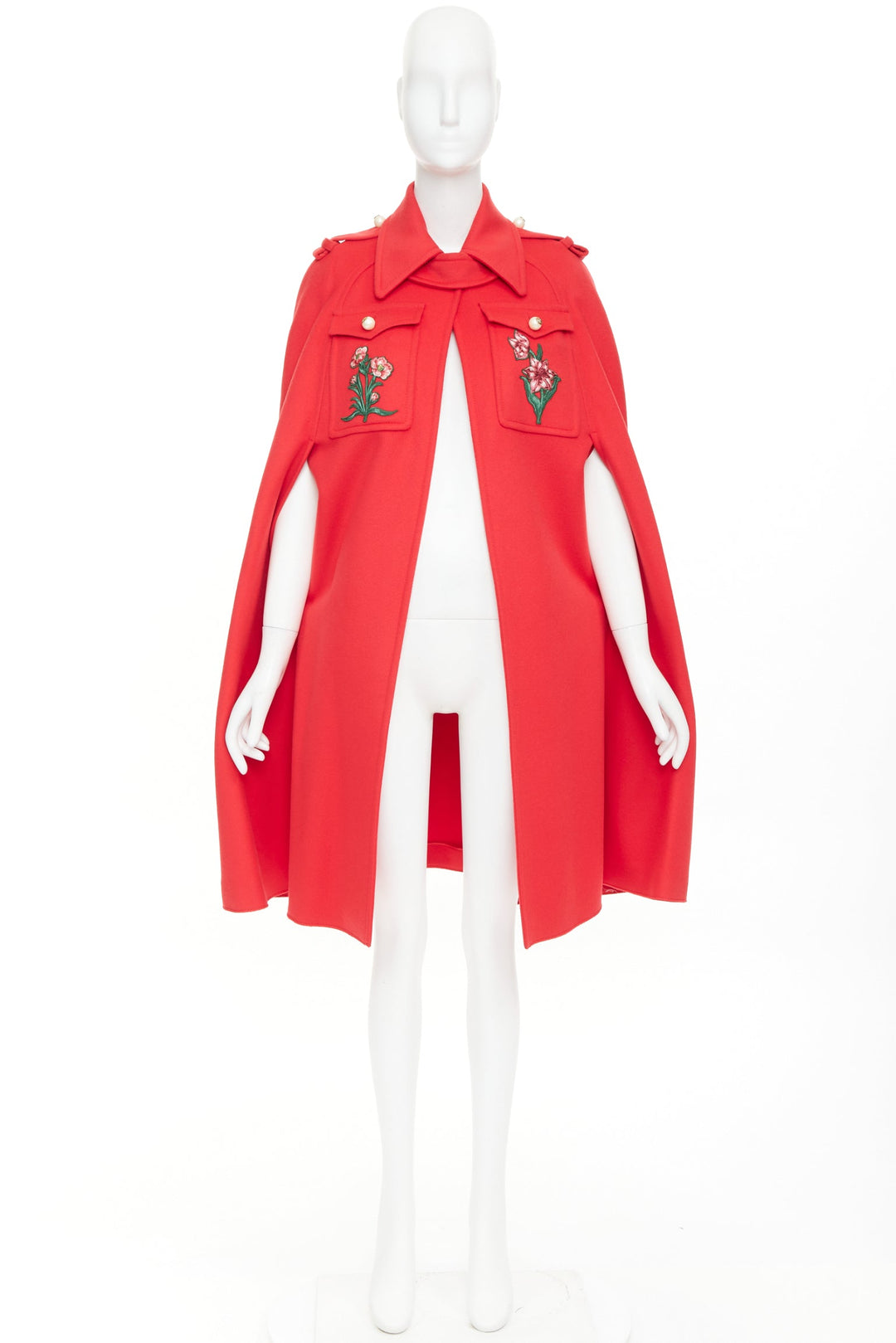 GUCCI 2016 Runwauy red wool birds flower embroidered  military cape coat IT38 XS
