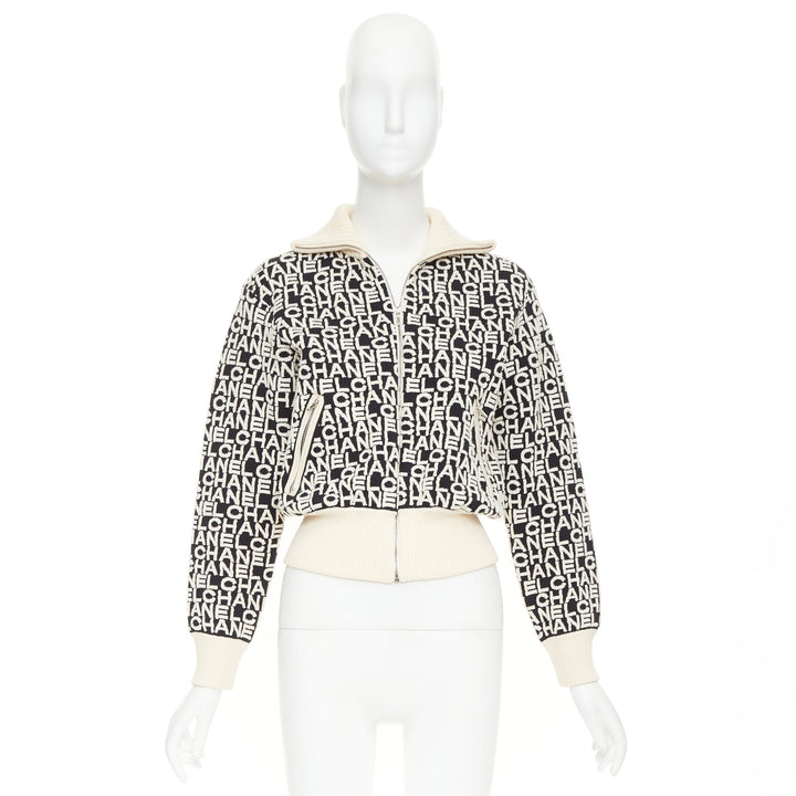 CHANEL 19A Coco Neige embossed monogram jacquard cropped bomber jacket FR34 XS