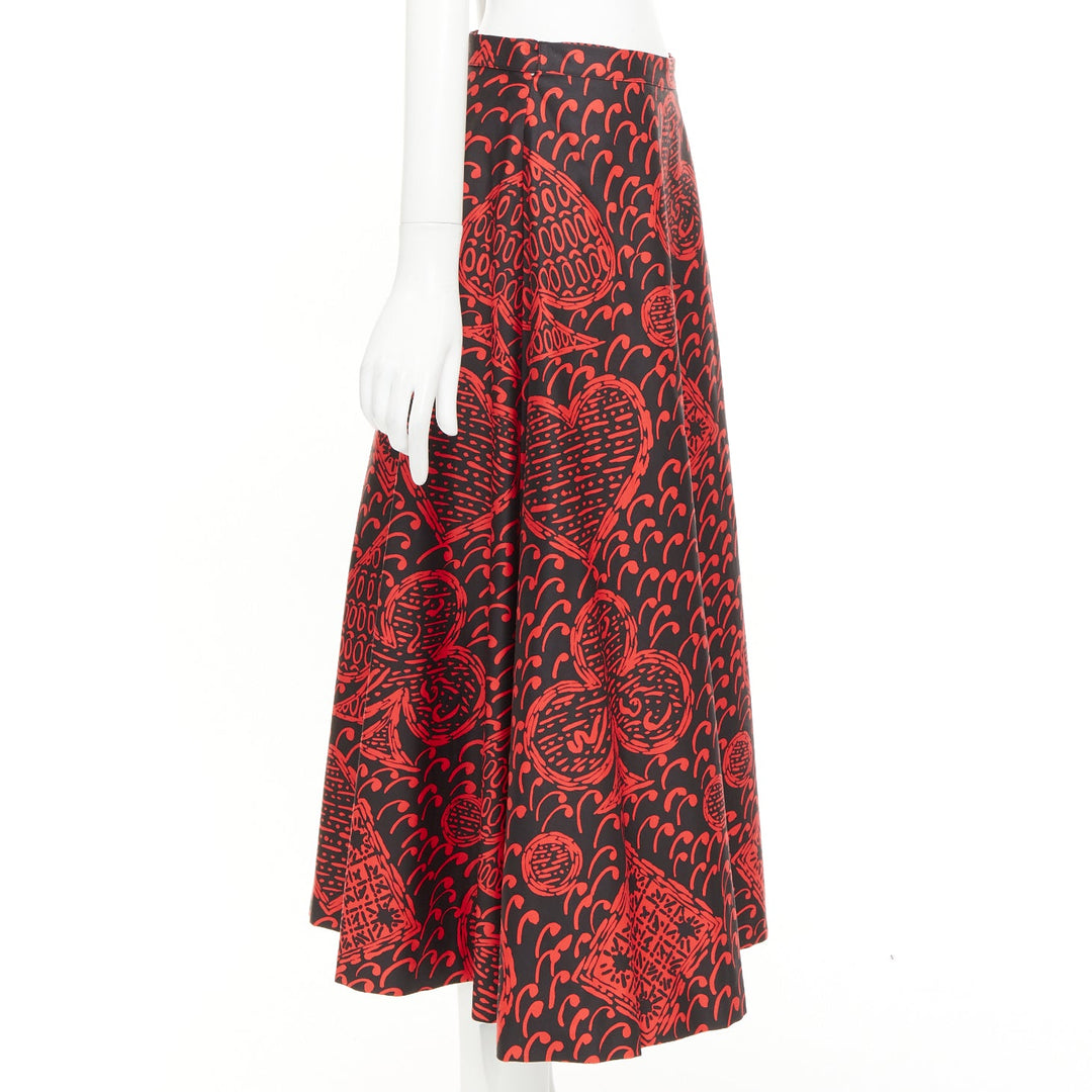DIOR Diorarmour black red cotton playing cards print wrap midi skirt FR36 S