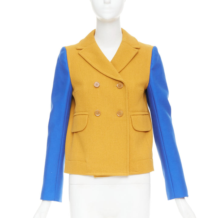 CARVEN 2013 yellow wool blue long sleeve pocketed double breasted jacket FR36 S