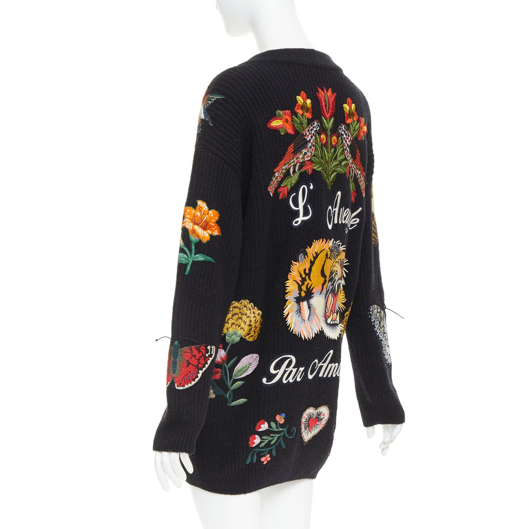 GUCCI Michele L'avengle Par Amour black wool embroidery patch pearl cardigan S