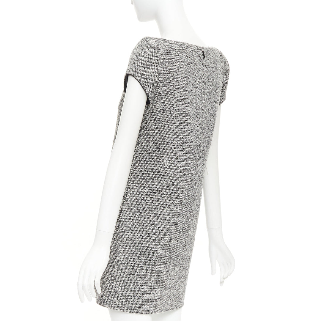 SAINT LAURENT 2013 grey boucle wool tweed silk padded shoulder dress FR36 S