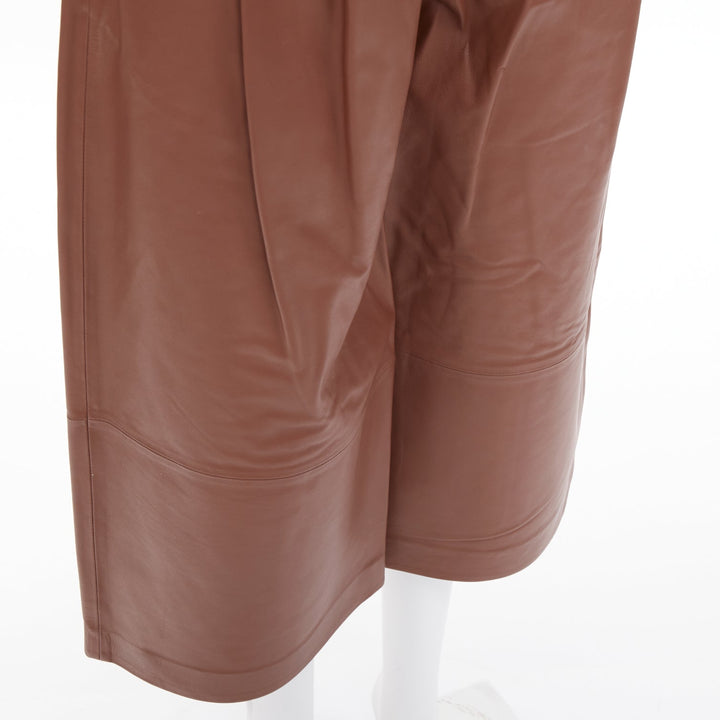 TIBI reddish brown lambskin leather pleated high waisted cropped pants US00 XXS