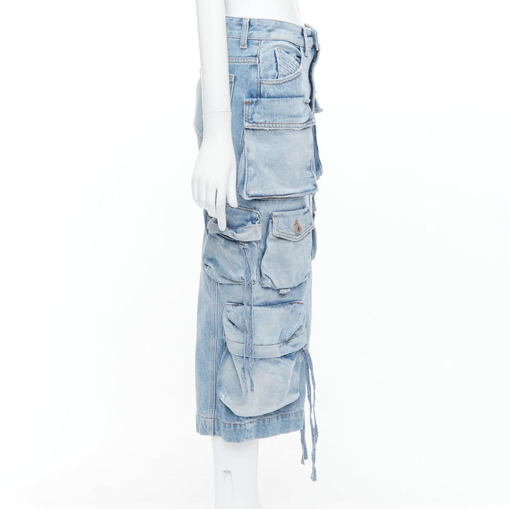 THE ATTICO blue washed denim multi pocket cargo midi skirt 24"