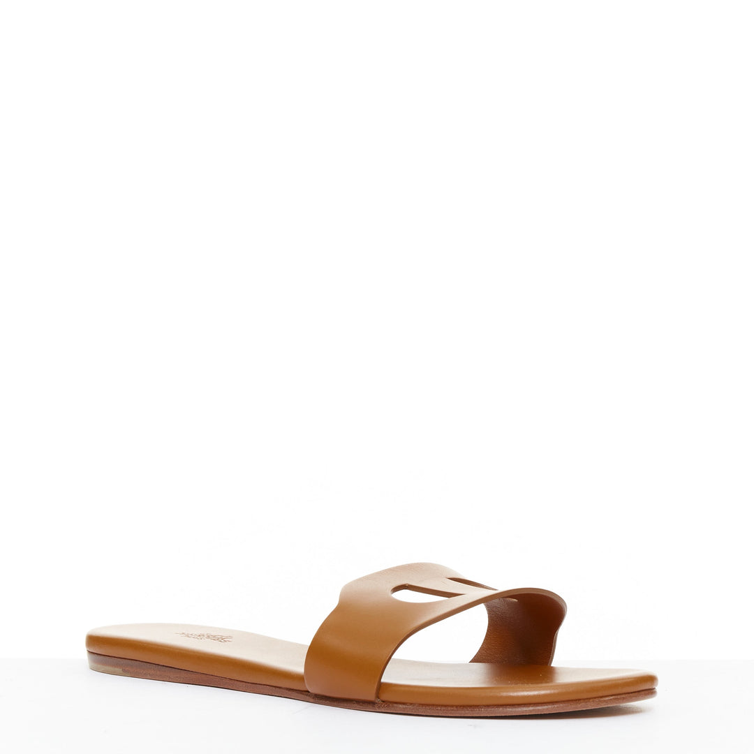 HERMES Lisboa Chaine d'Ancre brown leather cut out flat sandal slippers EU37.5