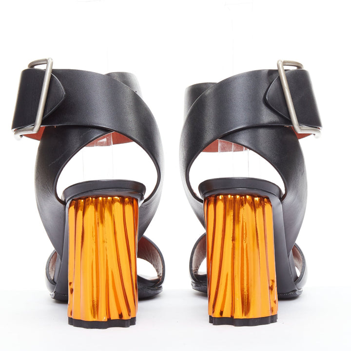 ACNE STUDIOS Obin metallic orange bark heel black leather sandals EU37