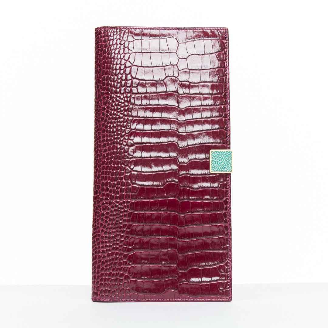 SMYTHSON Mara burgundy croc embossed high gloss teal clasp passport cover