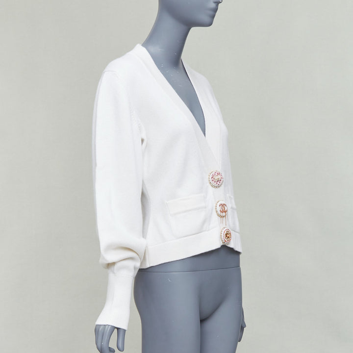 CHANEL 22A off white cashmere blend pink CC crystal buttons cardigan FR38 M