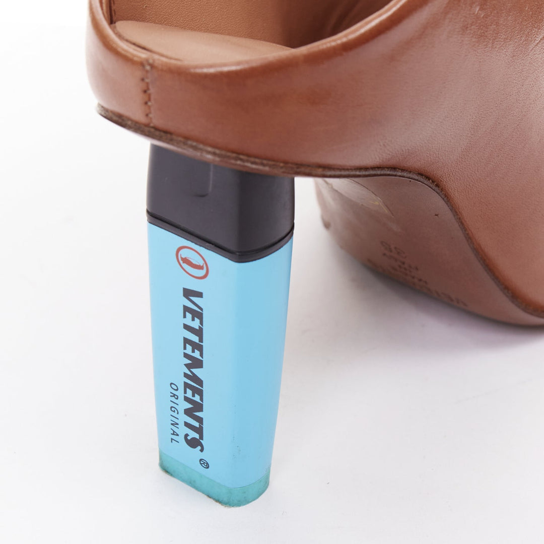VETEMENTS Highlighter brown leather blue architectural heel mules EU35
