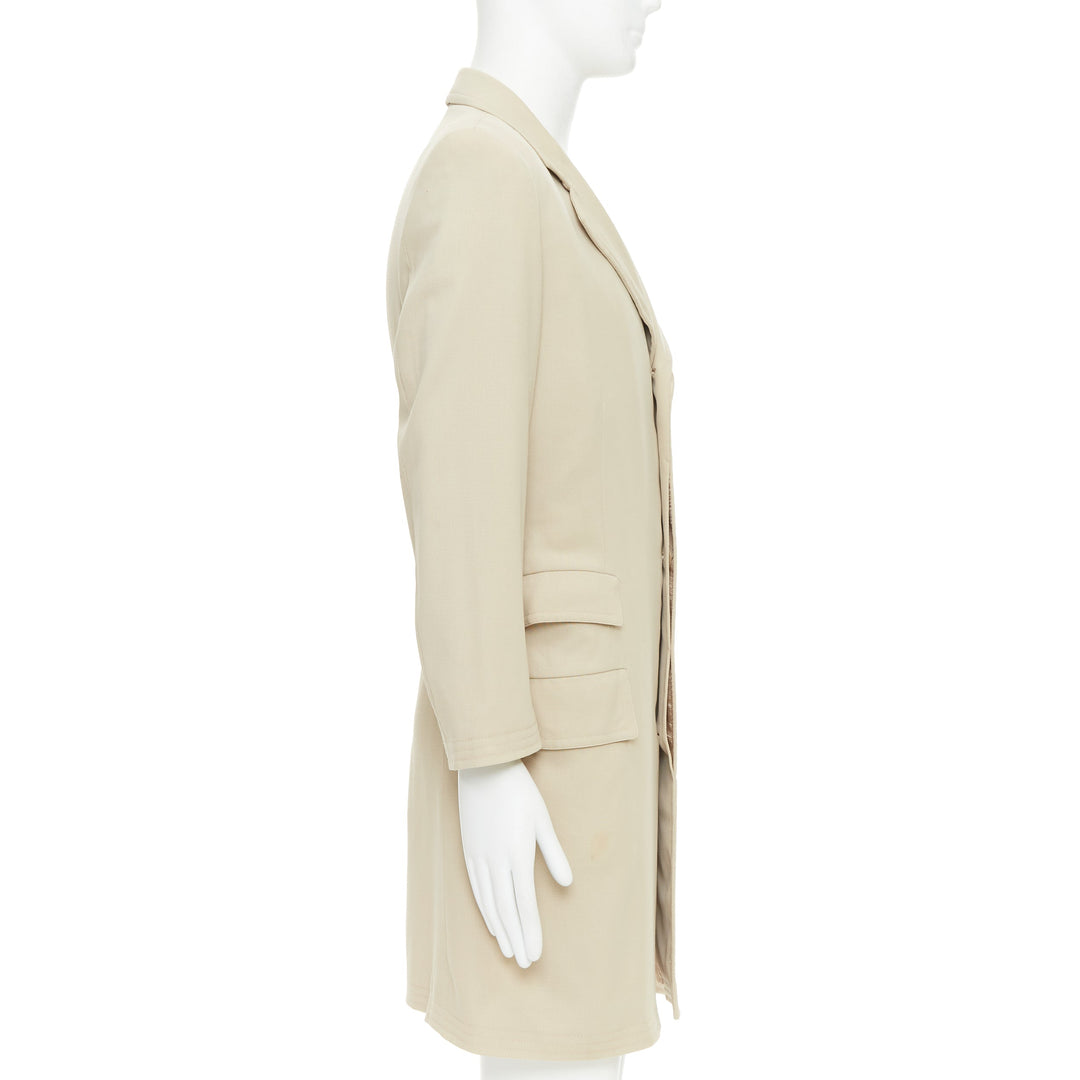 HERMES beige 100% wool twill horn buttons minimal long coat IT46 S