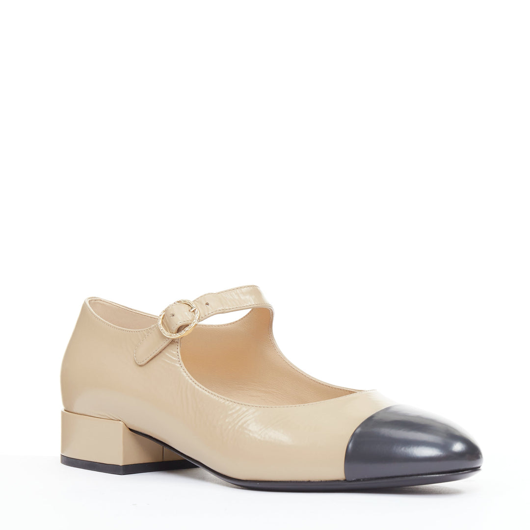 CHANEL 2024 beige leather black cap toe CC block heel mary jane flats EU39.5