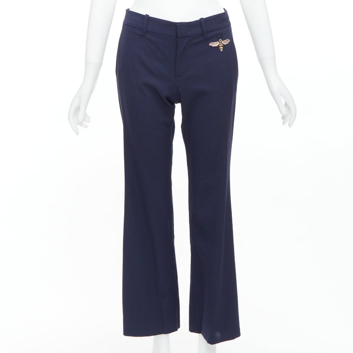 GUCCI Alessandro Michele 2017 navy bee embroidered flared pants IT38 XS