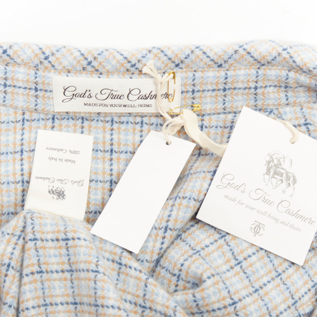 GOD'S TRUE CASHMERE River Tartan 100% cashmere Moonstone blue checkered shirt XL