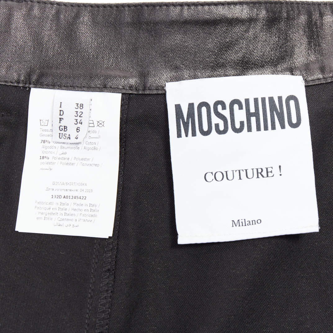 MOSCHINO black coated cotton gold hardware biker skater skirt  IT38 XS