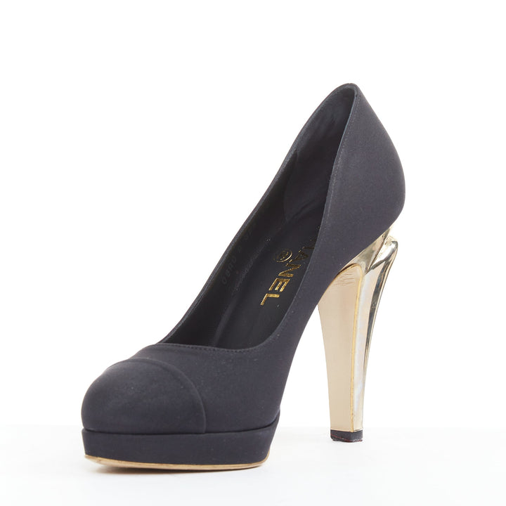 CHANEL 08A black satin gold sculpted metal bolt heel platform pumps EU37.5