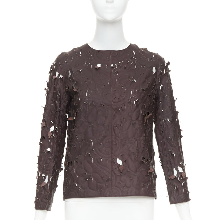 rare CARVEN Cassis brown laser cut lambskin leather floral top FR36