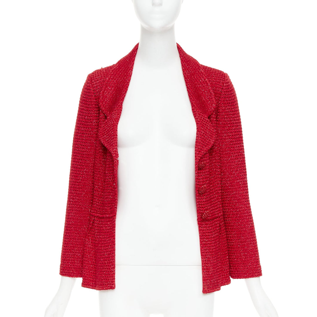 ST JOHN COUTURE red metallic tweed knit crystal buttons peplum blazer US6 M