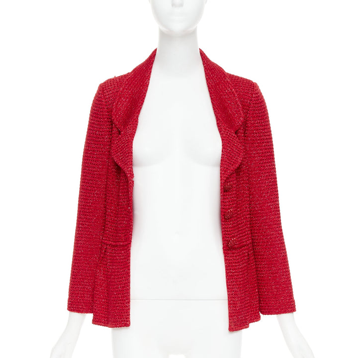 ST JOHN COUTURE red metallic tweed knit crystal buttons peplum blazer US6 M