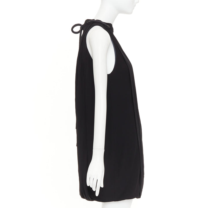 BALENCIAGA 2007 rope eyelet gathered neck black silk drop waist dress FR36 S