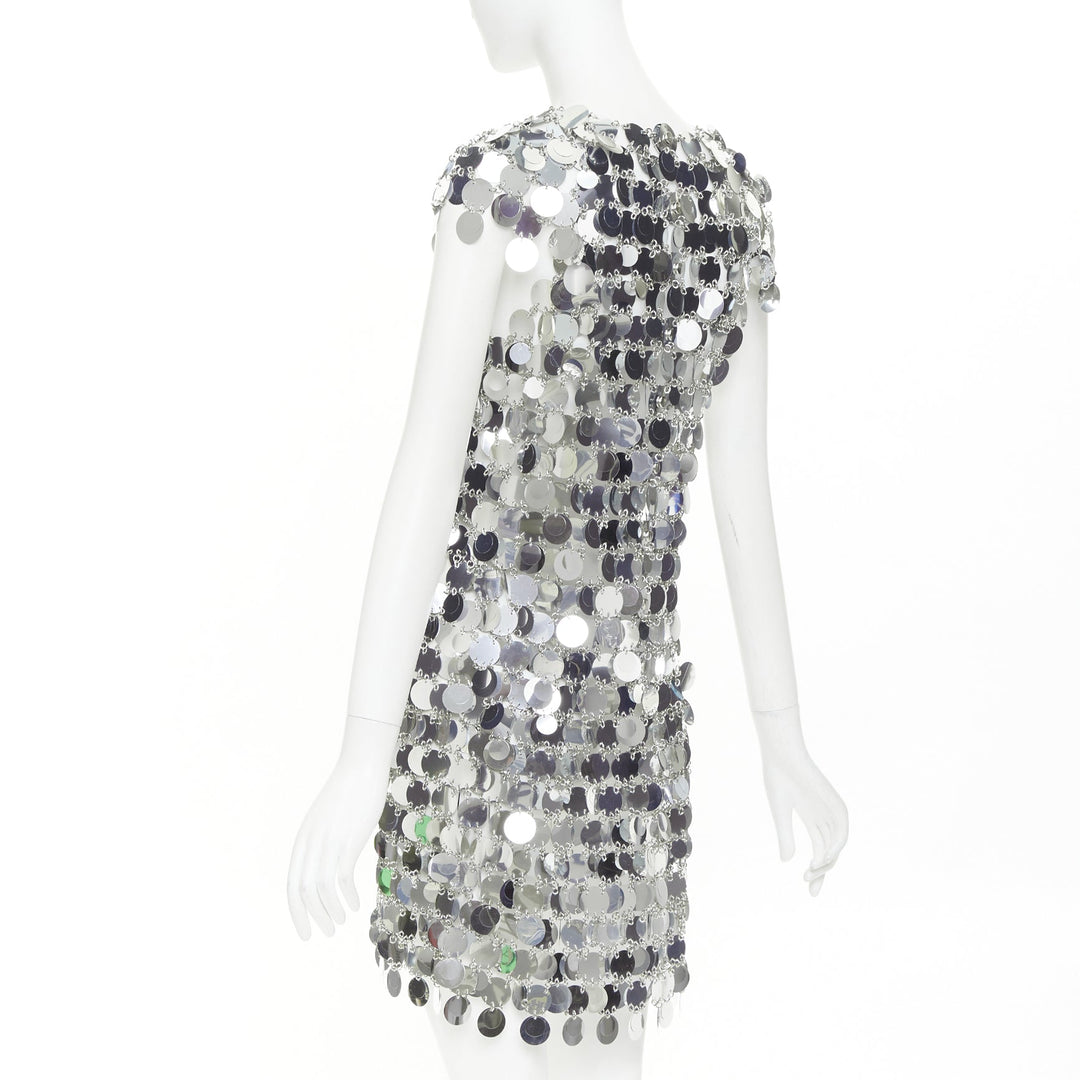 PACO RABANNE Iconic Silver Sparkle sequin chain discs mini dress FR38 M