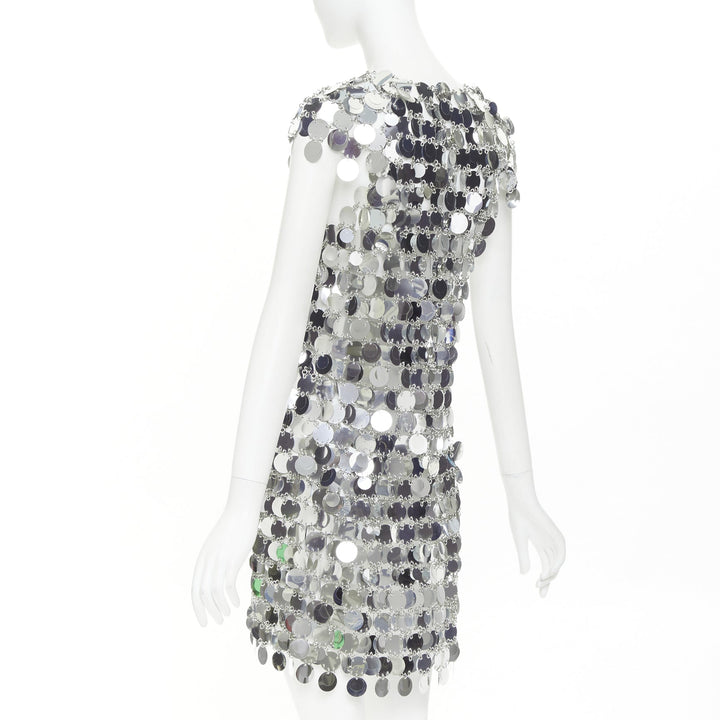 PACO RABANNE Iconic Silver Sparkle sequin chain discs mini dress FR38 M