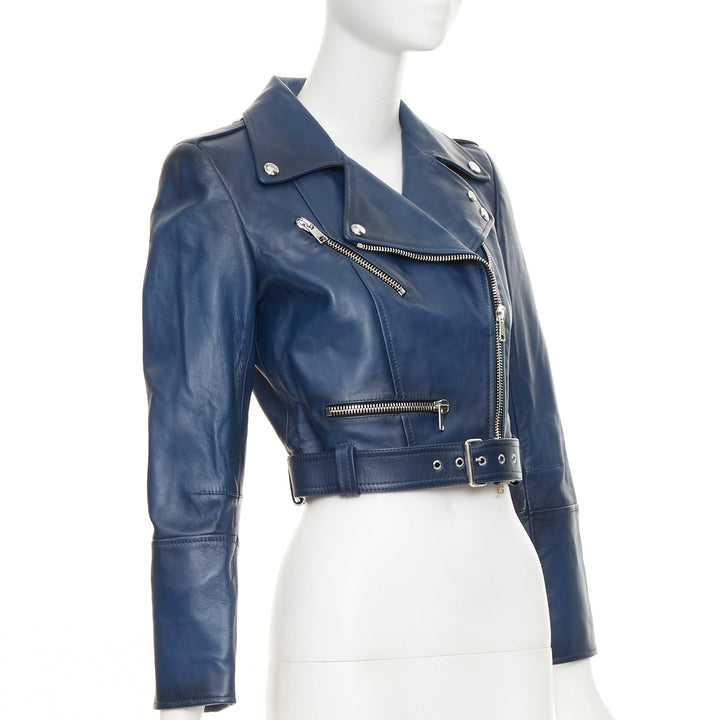 ALEXANDER MCQUEEN Asymmetric blue leather belted cropped biker outerwear IT40 S