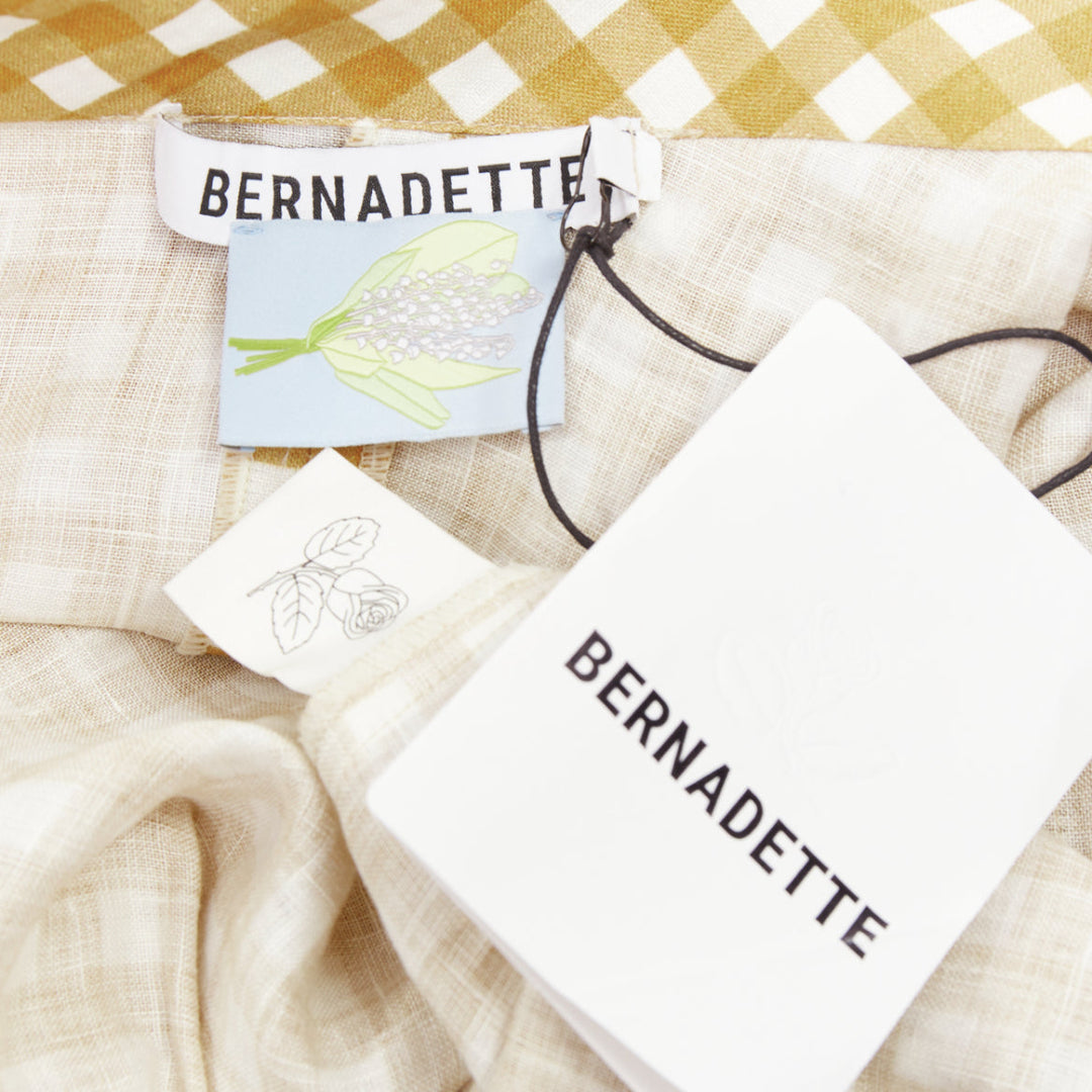 BERNADETTE Nowie brown off white gingham linen asymmetric belted dress IT40 S