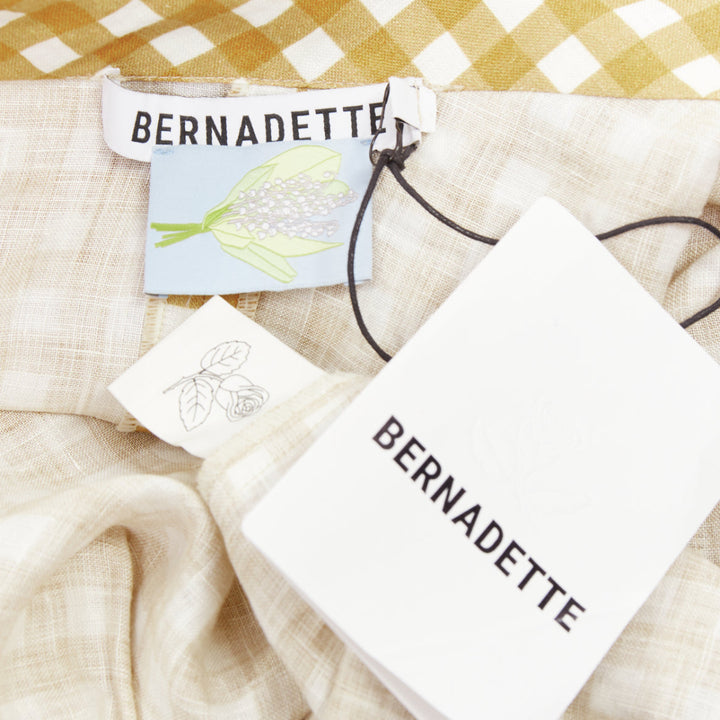 BERNADETTE Nowie brown off white gingham linen asymmetric belted dress IT40 S