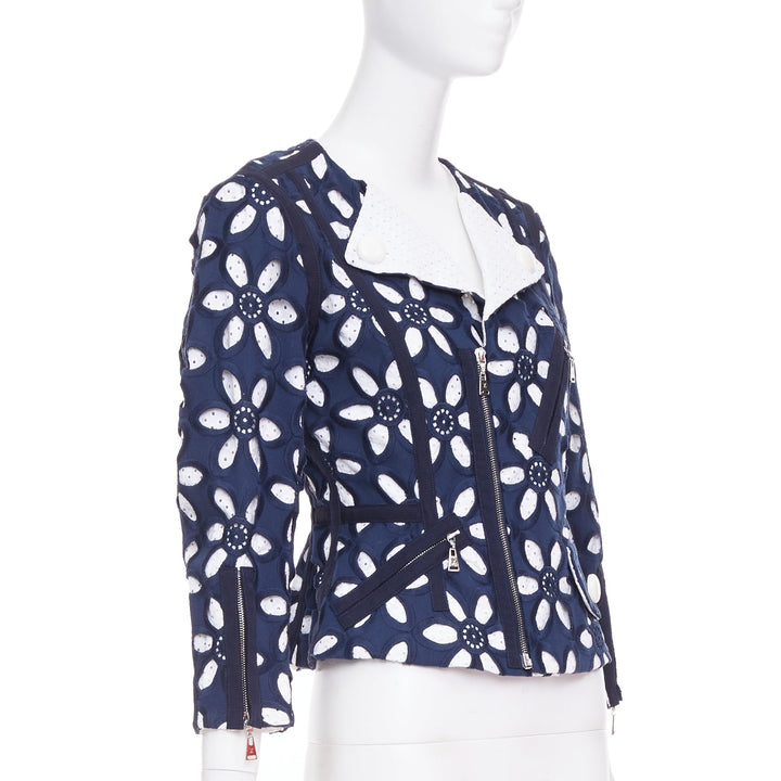 LOUIS VUITTON 2012 Runway navy floral embroidery anglais biker jacket FR38 M
