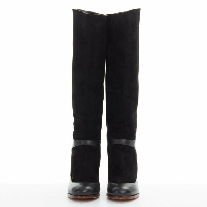 CELINE PHILO black suede sock ankle strap chunky wooden heel tall boot EU35.5
