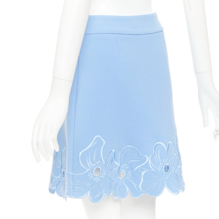 CHRISTIAN DIOR powder blue wool crepe floral cutout embroidered hem skirt FR38 M