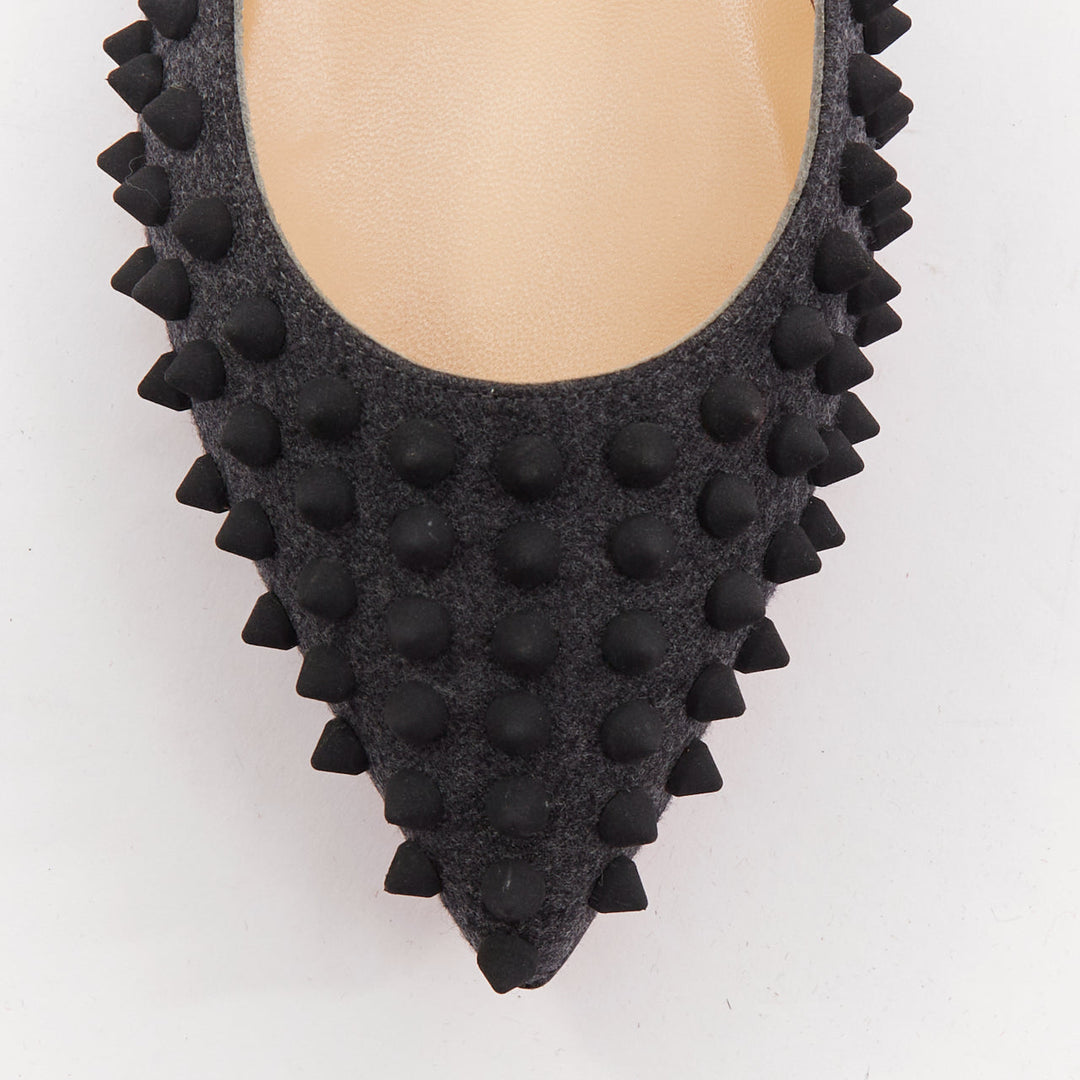 CHRISTIAN LOUBOUTIN Pigalle Spikes Flat grey flannel studded ballerina EU37.5