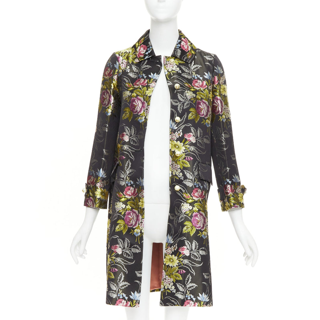 GUCCI 2016 Runway black silk floral jacquard GG pearl evening coat IT38 XS