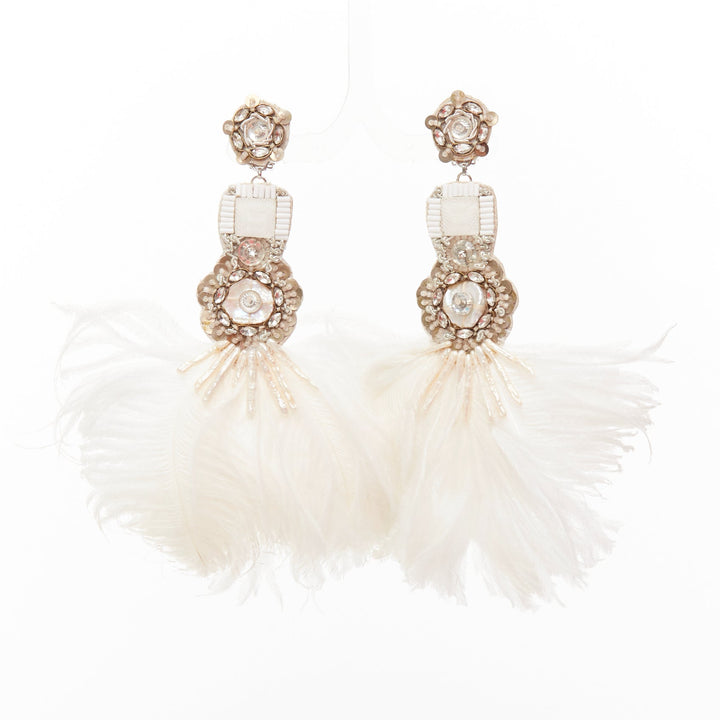 RANJANA KHAN white ostrich feather crystal embellished clip on earrings Pair