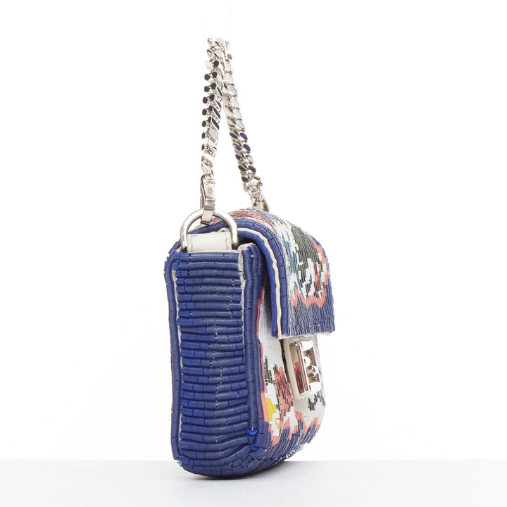 FENDI Micro Baguette blue colorful needlepoint beaded FF logo flap chain bag