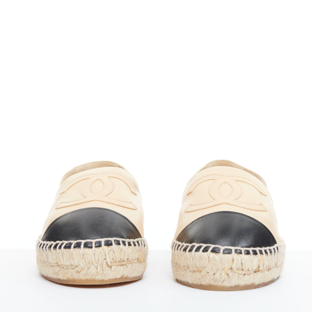 CHANEL nude lamb leather CC logo black toe cap beige espadrille shoes EU38