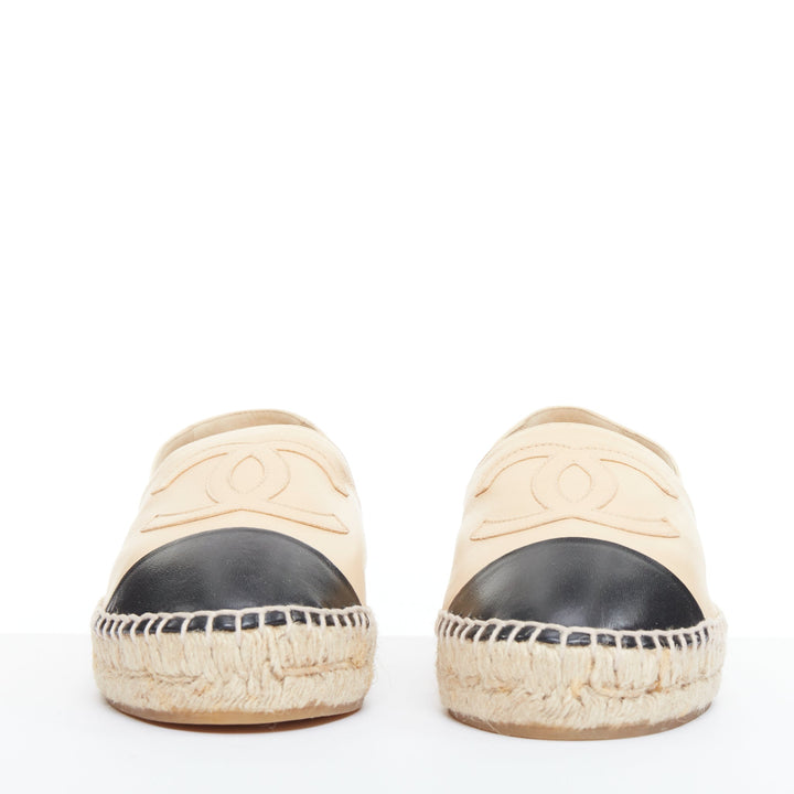 CHANEL nude lamb leather CC logo black toe cap beige espadrille shoes EU38