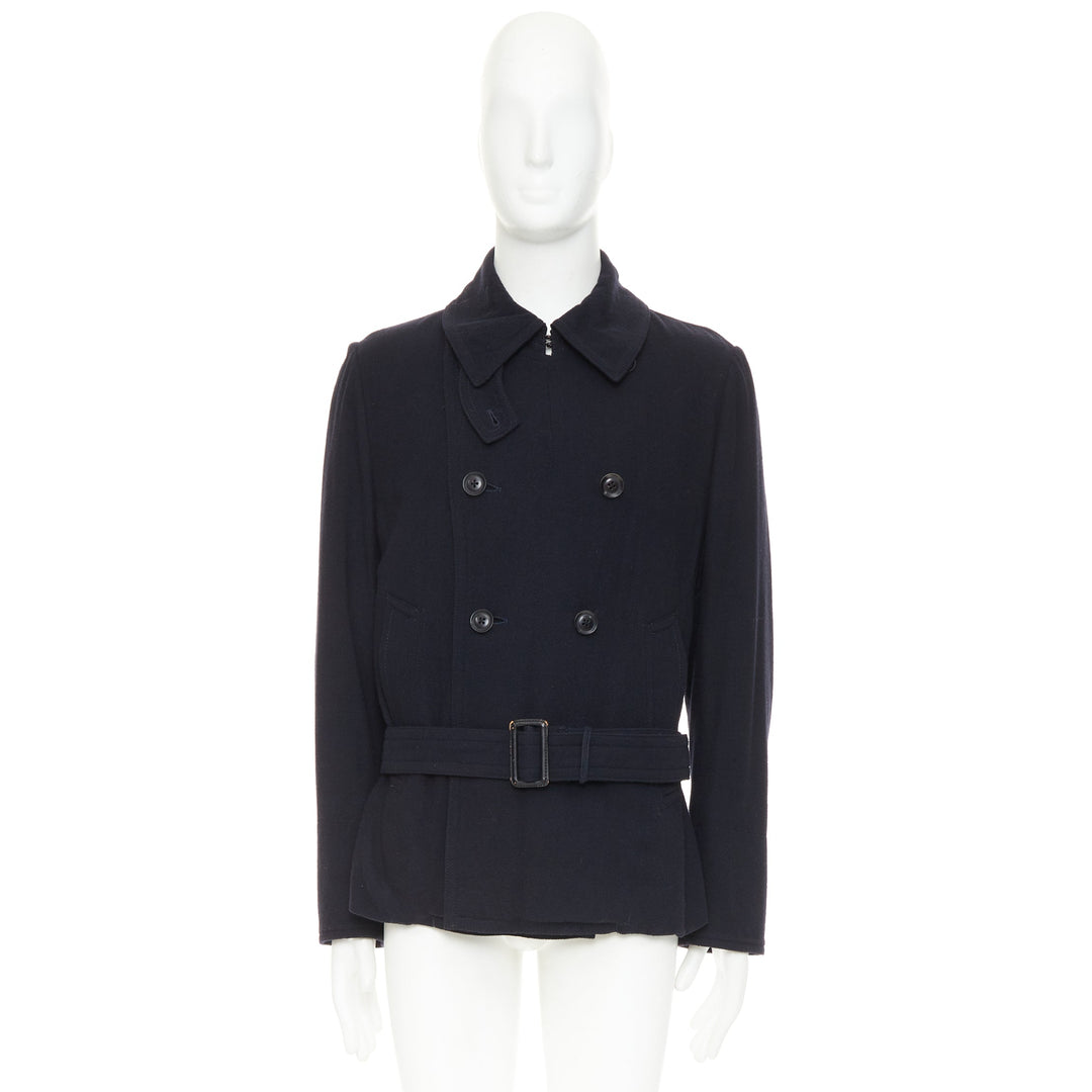 Y'S YOHJI YAMAMOTO black wool double breasted belted short peacoat jacket JP3 L