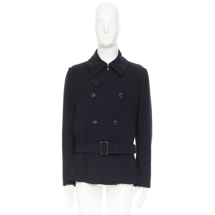 Y'S YOHJI YAMAMOTO black wool double breasted belted short peacoat jacket JP3 L