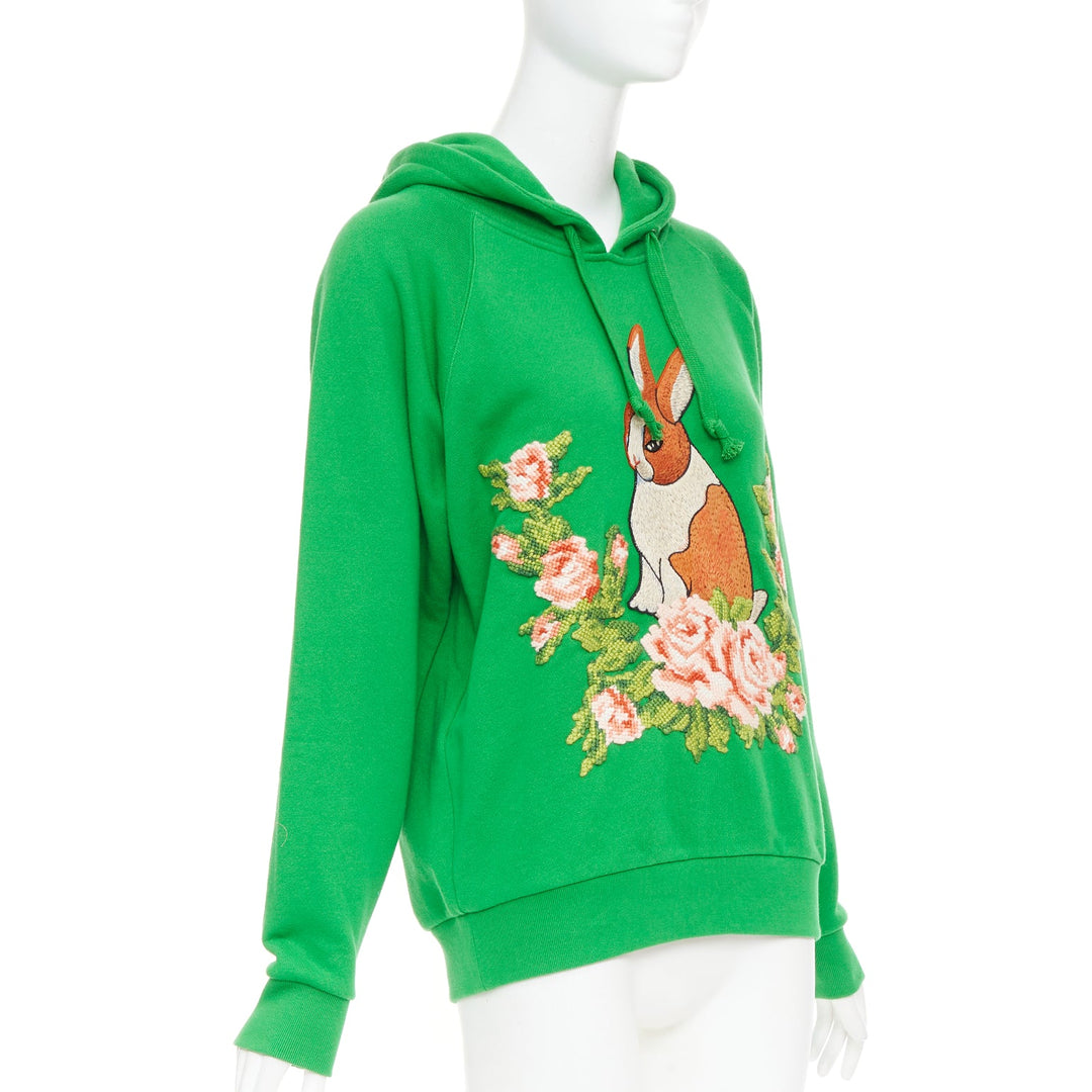GUCCI Michele green cotton jersey embroidered Bunny flower  hoodie XS