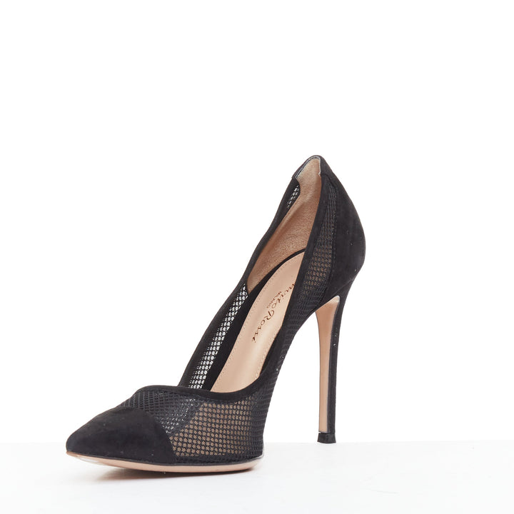 GIANVITO ROSS Follie Camoscio black fishnet suede toe cap pointy pumps EU37.5
