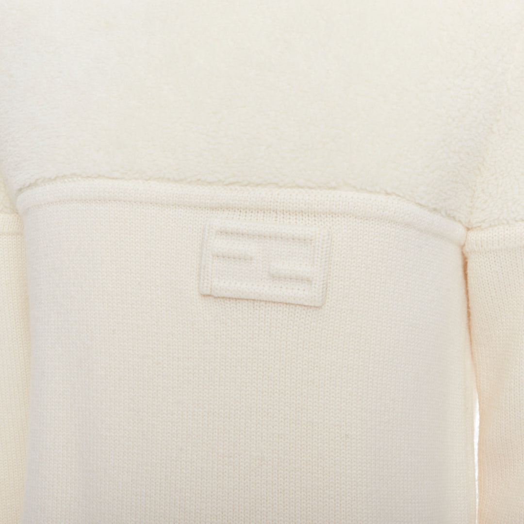 Male mannequin wearing Fendi Cream Wool Men Sweater in Size IT46 | Available at JHROP