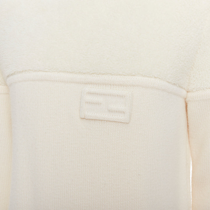 Male mannequin wearing Fendi Cream Wool Men Sweater in Size IT46 | Available at JHROP