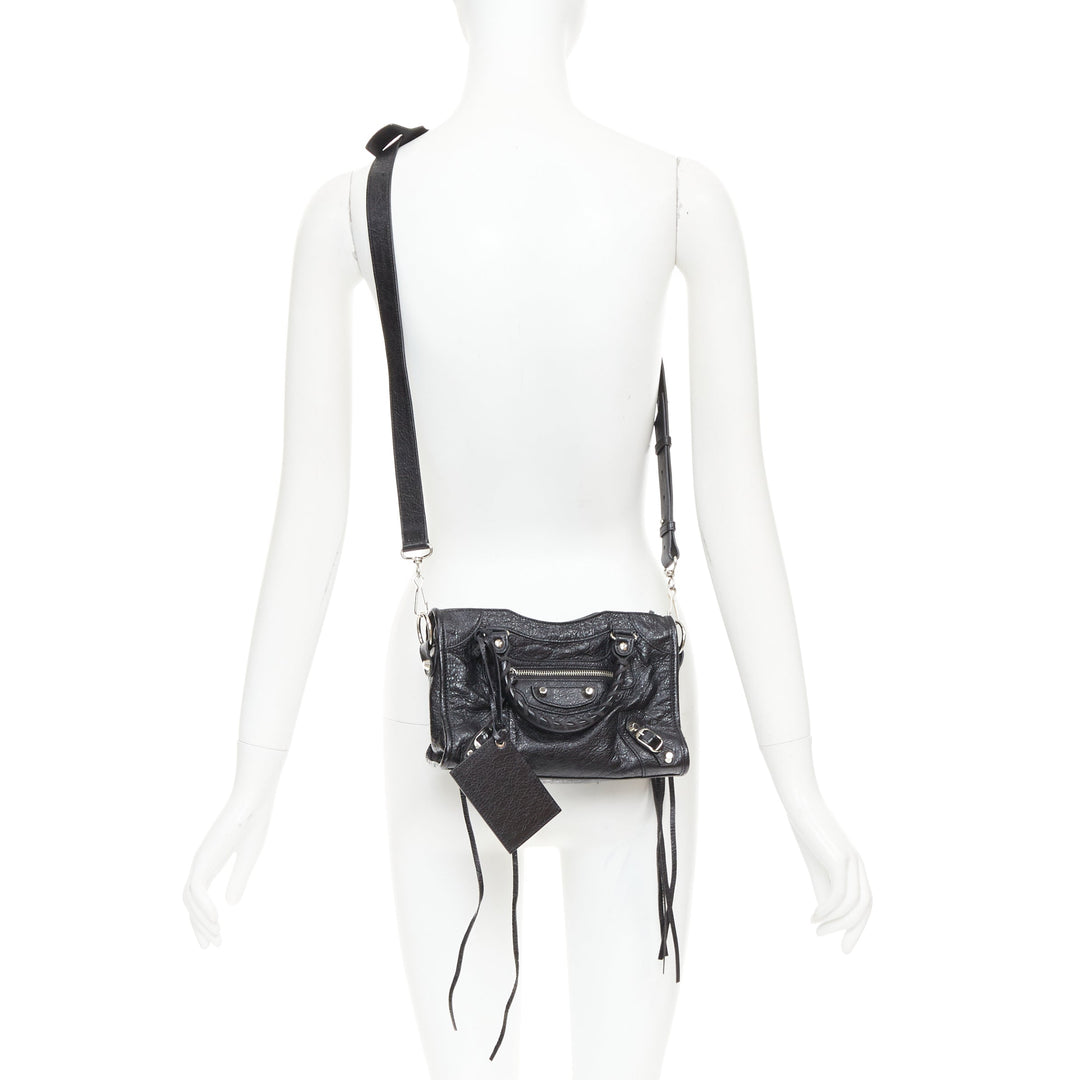 BALENCIAGA Le City Mini black crinkled leather silver hardware crossbody bag