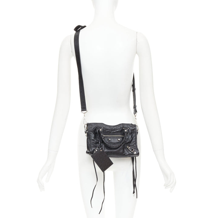 BALENCIAGA Le City Mini black crinkled leather silver hardware crossbody bag