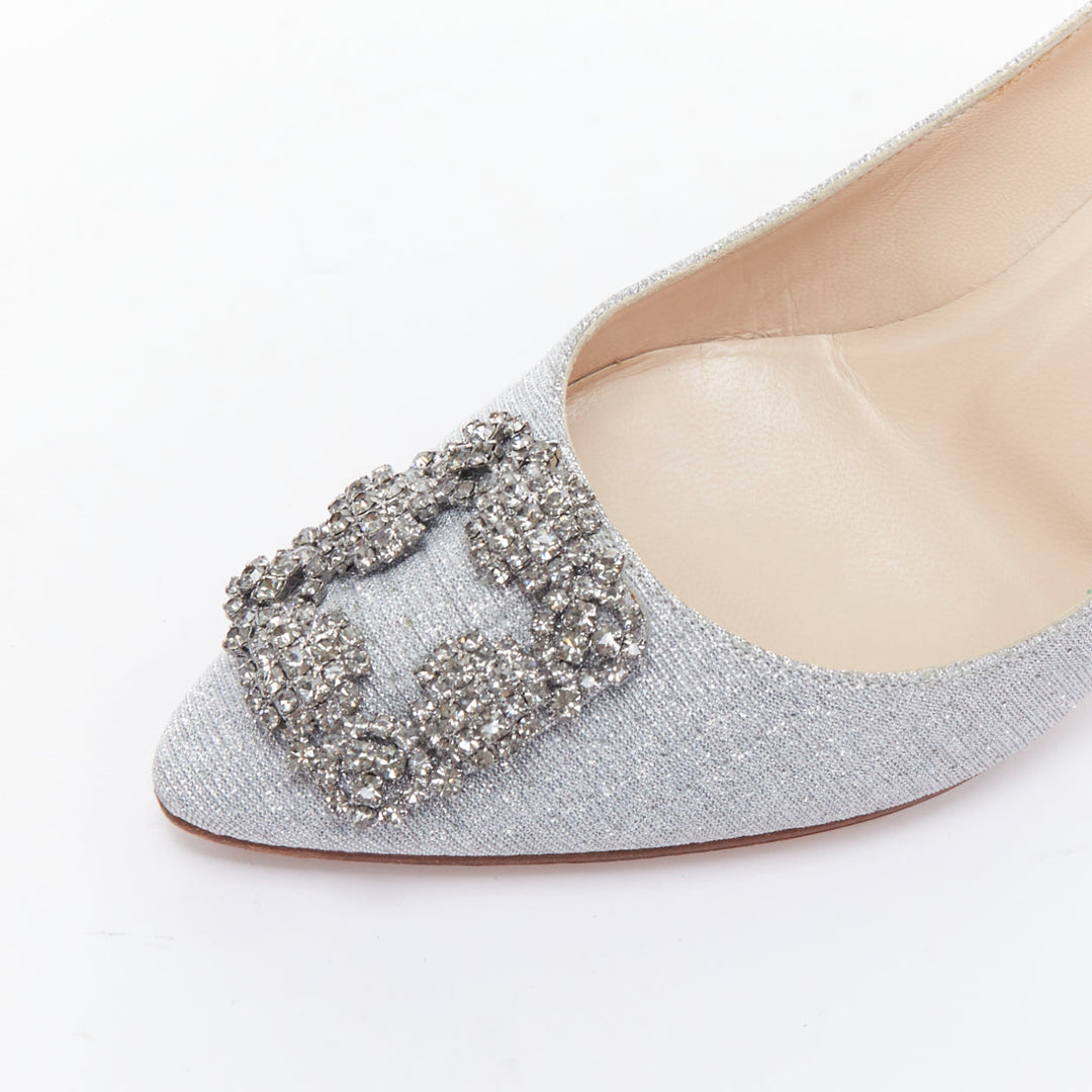 MANOLO BLAHNIK Hangisi 60 silver fabric crystal buckle pumps EU39