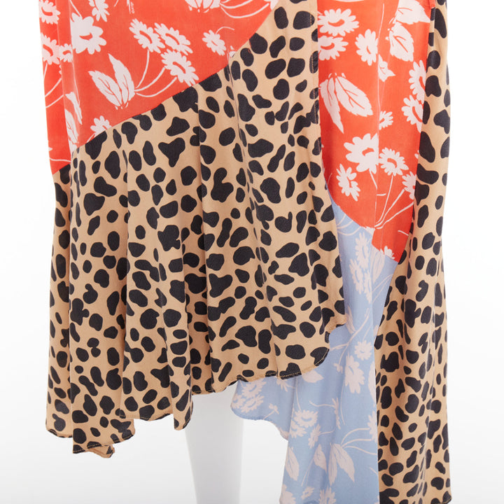 RIXO Noleen 100% silk coral red leopard floral print patchwork wrap dress S