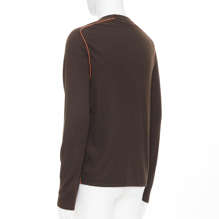 HERMES Vintage 100% cashmere brown contrast orange piping knit crew sweater M