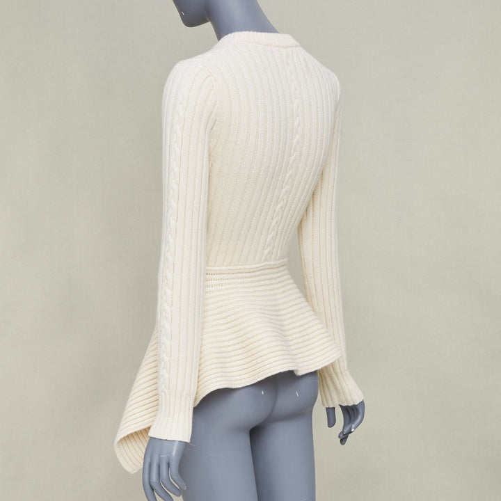 ALEXANDER MCQUEEN 2021 beige wool cashmere asymmetric drape peplum sweater S